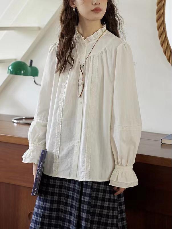 

Women s White Ruffled Long-Sleeve Cotton Shirt - 2025 Design XL