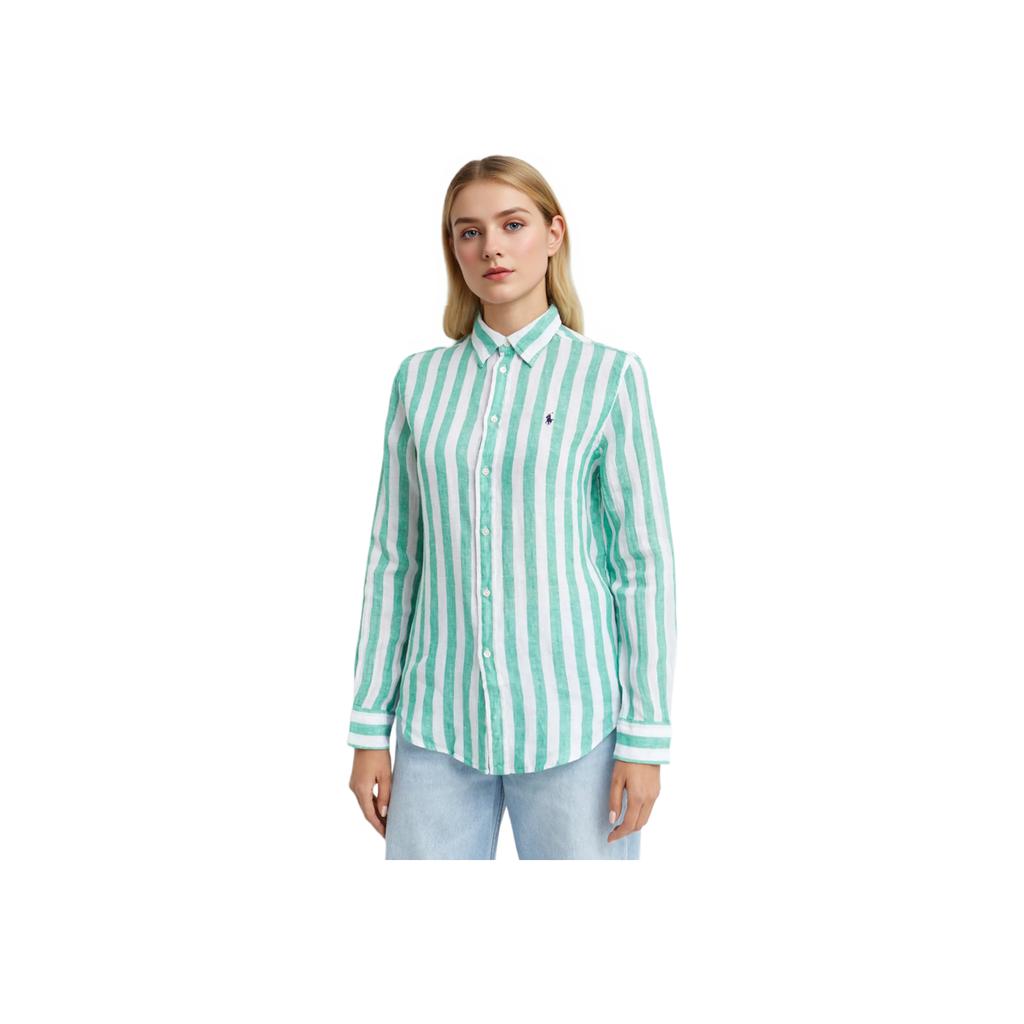 Polo Ralph Lauren Striped Button-Up Long Sleeve Shirt Women Shirts Green 211970691-009