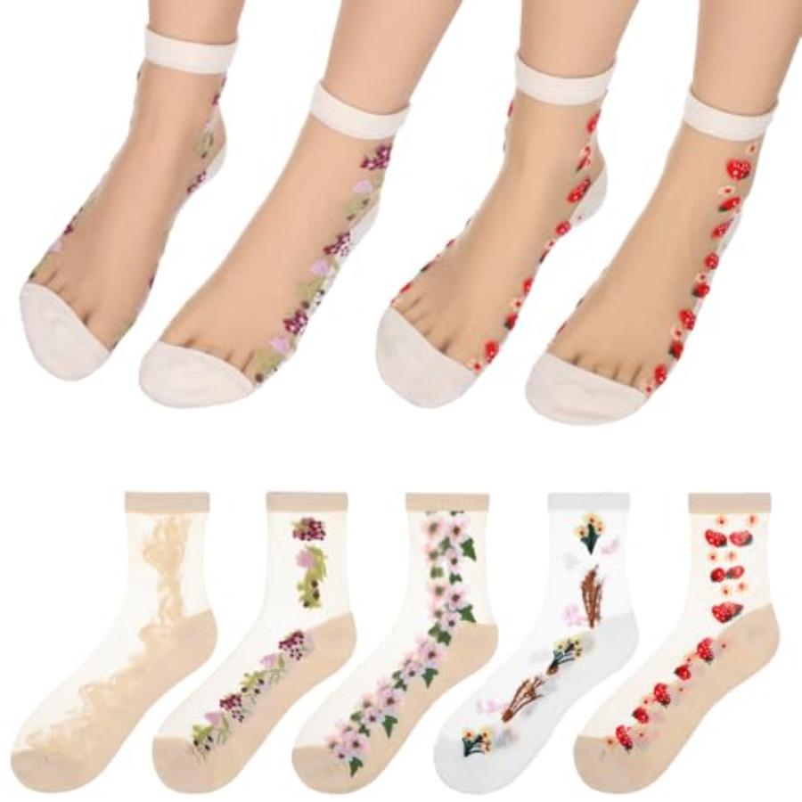 5 Pairs Womens Ankle Sheer Socks Transparent Embroidered Lace Socks Thin Floral Socks See Through Sock For Women Girls