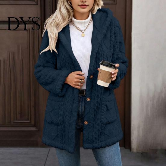 Long Sleeve Warm Coat Women Fleece Jacket with Pockets, Hooded for Fall Winter, Oversized Casual Button Front Cardigan Outerwear Cozy