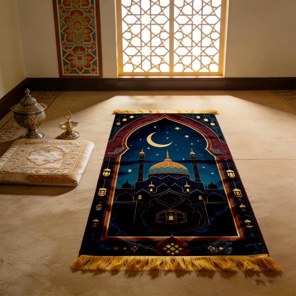 Cartoon Luxe Moskee Nacht Ontwerp Gebedsmat Mat, Opvouwbaar Draagbaar Wasbaar Reizen Moslim Mat voor Ramadan Eid Cadeau 70x110cm(28x43inch