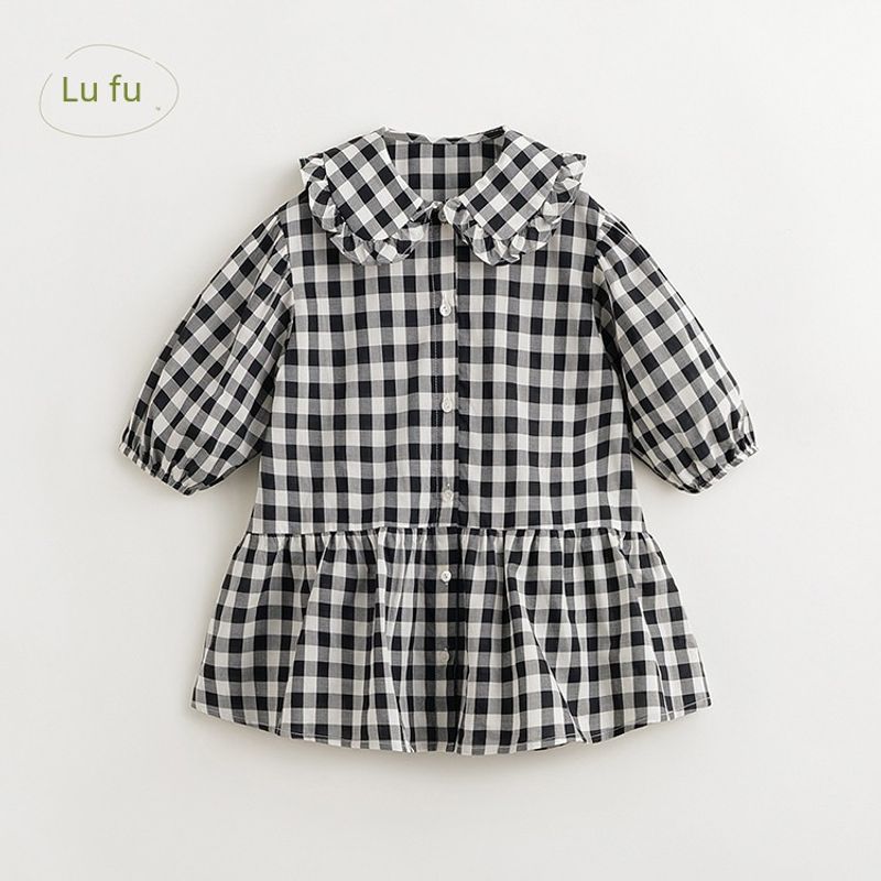 [Mark Jenny French Style] Girls  Classic Black and White Plaid Doll Collar Dress Spring Style Dress 240160 Black and White Grid([Ready Stock]) 130 cm