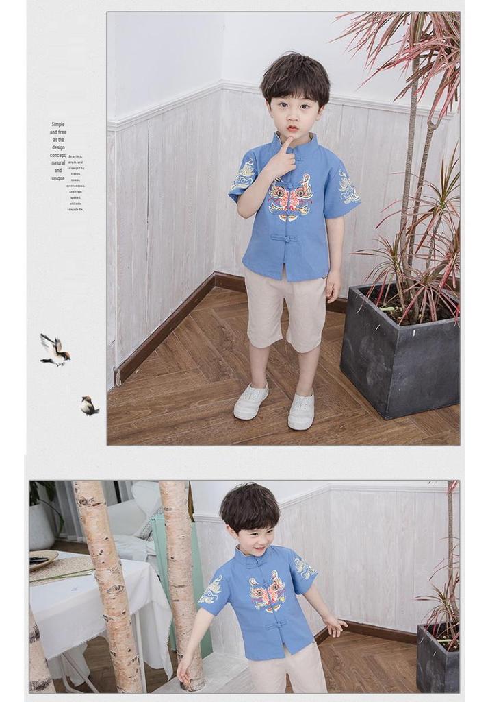 Kinder Baumwoll-Leinen Hanfu Set: Kurzarm & Shorts, Tang-Anzug Antikes Kostüm für Jungen & Mädchen - Zweiteiliges Performance-Outfit
