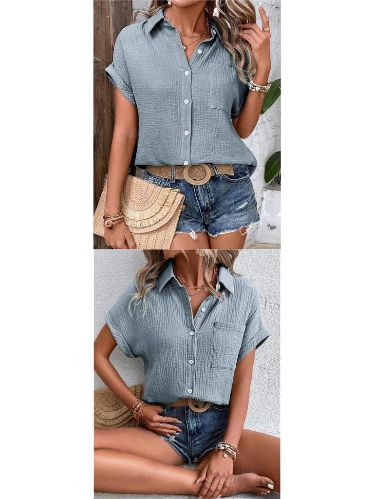 European American Women's Cotton Shirt - 2026 Summer Collection: Solid Color Casual Button-Up
