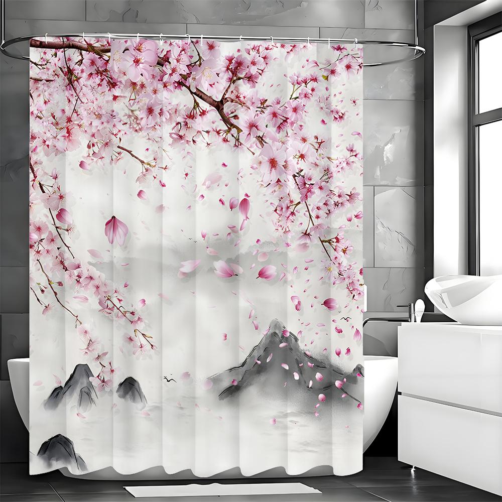 Chinese Ink Painting Peach Blossom Landscape Shower Curtain, Bathroom Decorative Shower Curtain, Waterproof Shower Curtain with