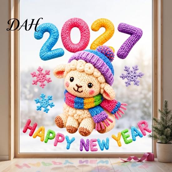 Snowflake Window Adhesives Chinese New Year Stickers, 2027 Goat Static Clings, Reusable Holiday Decor Crochet Knit Lamb Decals, for Home Shop