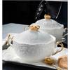 European Embossed Butterfly Ceramic Bowl with Lid & Double Handles, Breakfast, Dessert & Oatmeal Bowl
