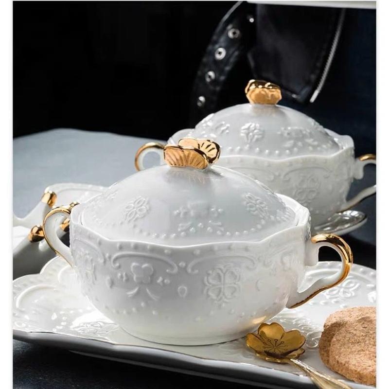 European Embossed Butterfly Ceramic Bowl with Lid & Double Handles, Breakfast, Dessert & Oatmeal Bowl