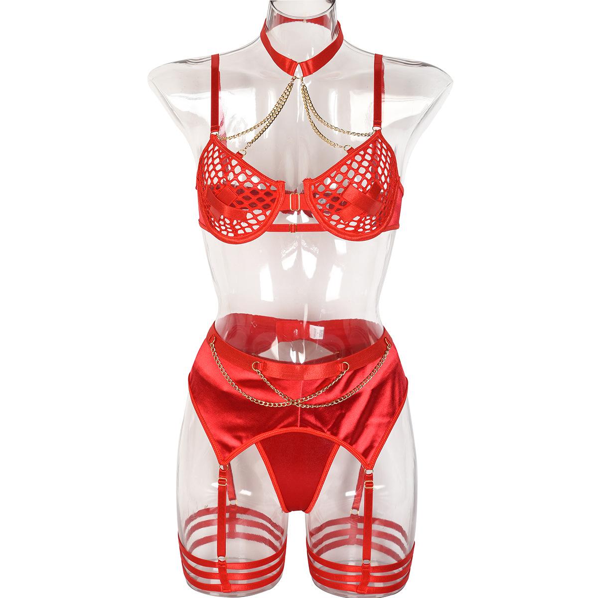 

Эротическое белье, женское нижнее белье с большой сеткой, выдолбленное крестообразное нашивка на груди, металлическая цепочка, забавное нижнее белье, комплект из трех предметов L