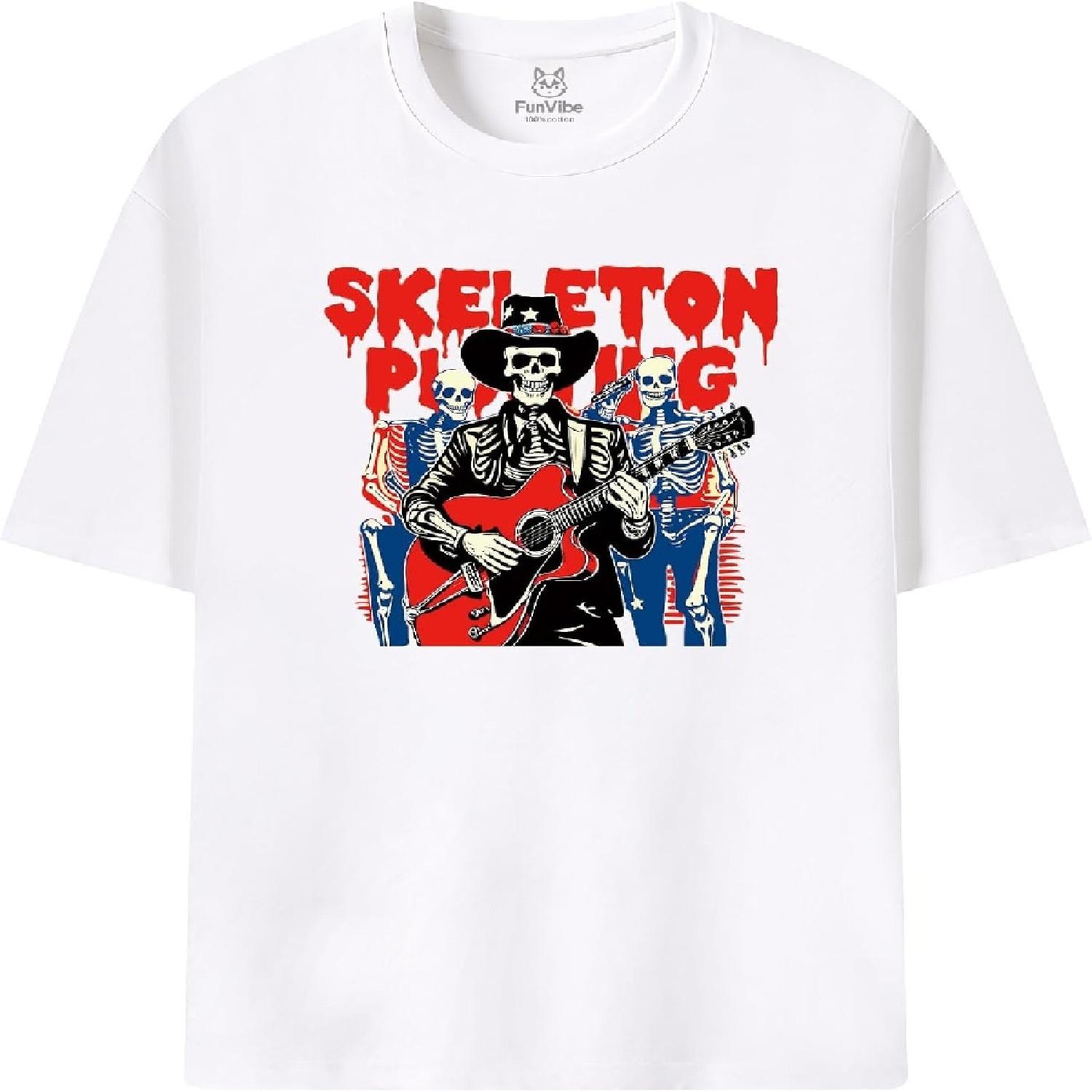 Fun Vibe Skeleton Playing Guitar Unisex Word Pattern T-Shirt S