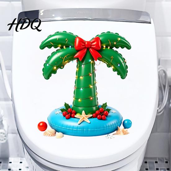 Durable PVC Holiday Stickers Christmas Toilet Lid Decal Tropical Coconut Tree Bathroom Stickers Island Easy Apply Decals Style Restroom Mural