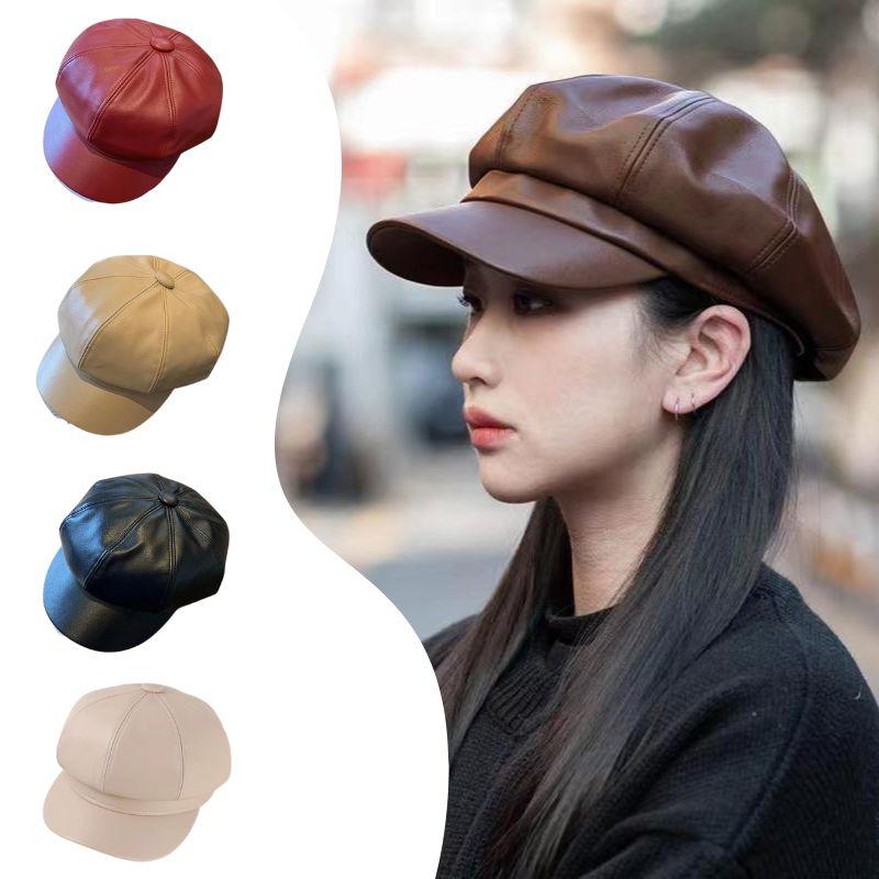 Vintage PU leather Women Beret Hat Solid Color Octagonal Newsboy Cap Outdoor Ladies Girl French Artist Caps