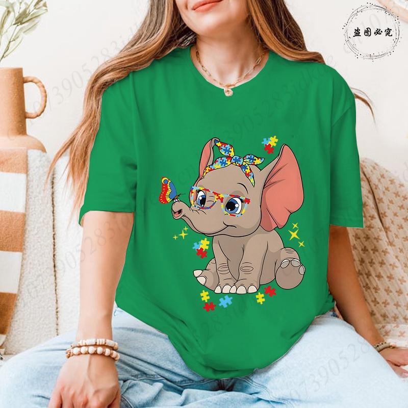 Unisex's Autism Awareness T-shirts: Cute Elephant Puzzle Graphic Tops Walking A Different Path Short Sleeve Autism Support Tees