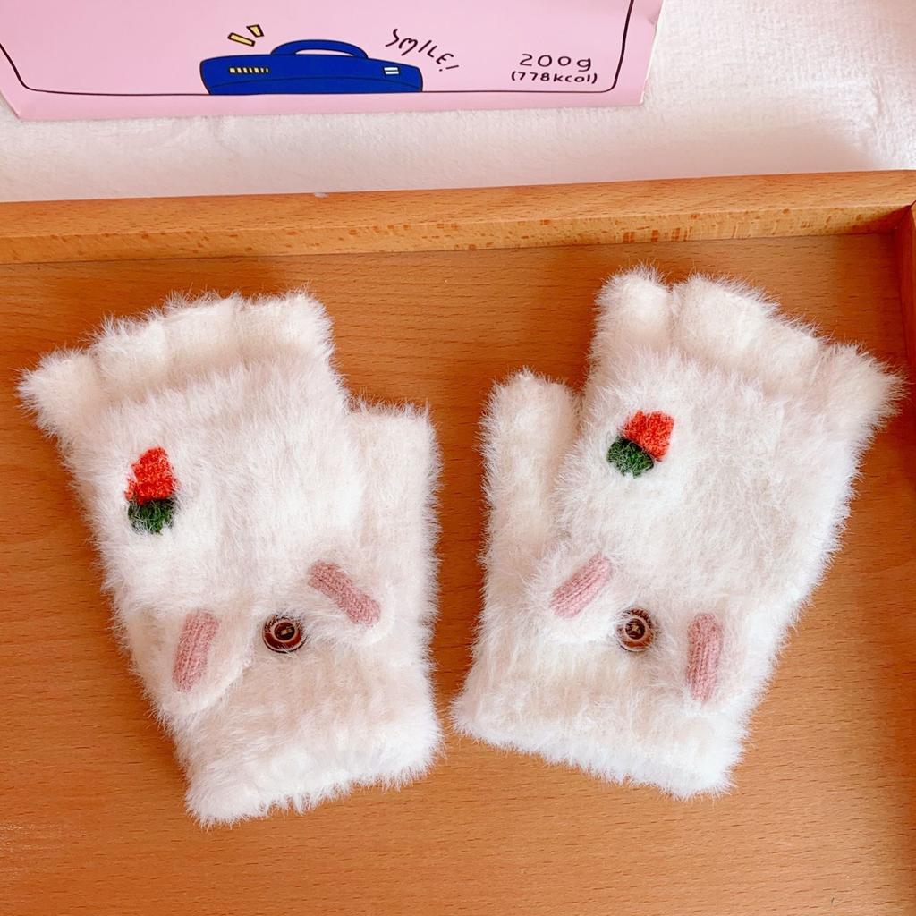 Cute Work For Girls Fingerless Plush Flip Korean Mittens Strawberry Half Finger Gloves Women Gloves