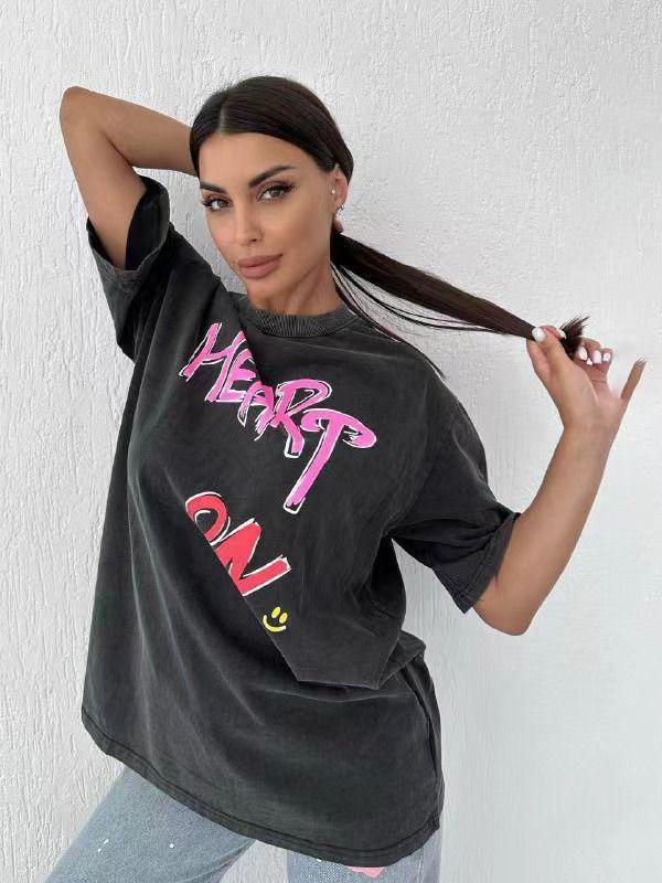 

Vintage American Letter Print Cotton T-Shirt: Women s Summer Short-Sleeve, Loose Fit XL мити чорний колір