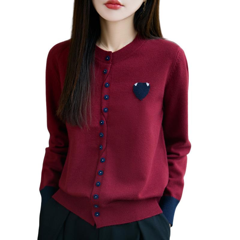 Early Autumn New Round-neck Knitted Sweater Cardigan Long-sleeved Women's Color-blocked Heart-shaped Patchwork Design Sweater