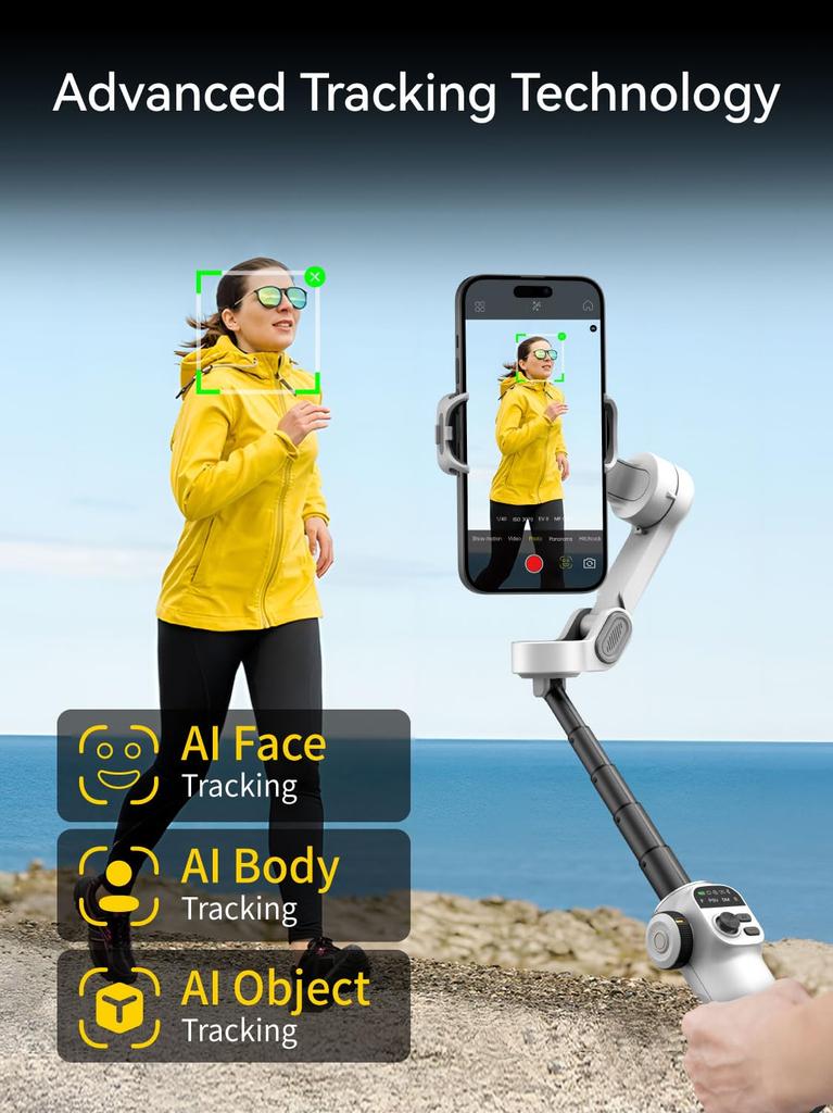 AOCHUAN Smart X2 iPhone Gimbal Stabilisator 3-Achsen mit OLED-Display KI-Tracking 7,8 Zoll Verlängerungsstange 280 Panorama-Vlog-Telefon Weiß