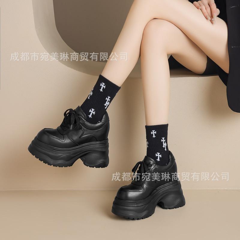 12Cm inner height increase muffin thick-soled leather single shoes spring new waterproof table small thick heel lace-up casual leather shoes