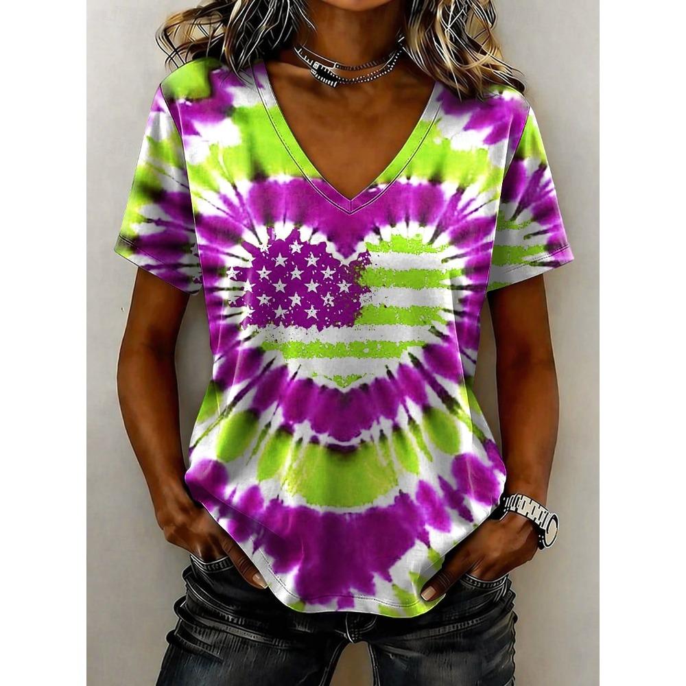 American Independence Day Women's T Shirt Print Graphic Flag Tie Dye Stylish Classic Casual Short Sleeve V Neck Regular Tops