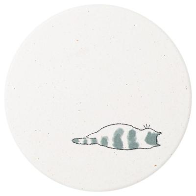 &NE Ceramic Diatomaceous Earth Coaster, Neko (Sleeping Cat), White, 1 Coaster, 9.7cm Diameter X 0.6cm Thick, Made In Japan, Mino Ware, Asbestos-Free,