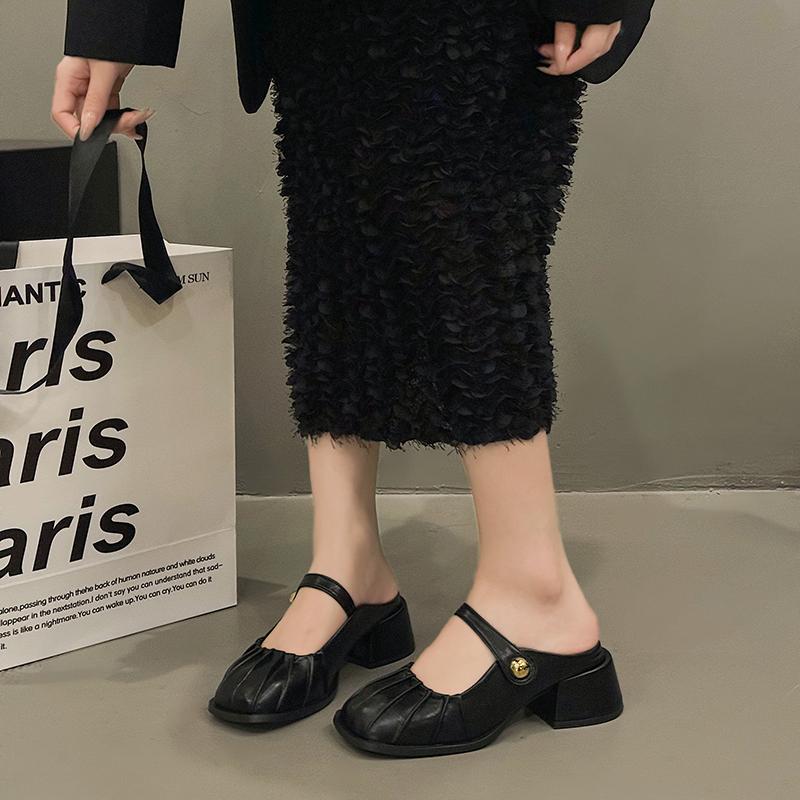 Spring New Brand Women Slipper Fashion Pleated Round Toe Slip on Mules Shoes Round Toe Outdoor Dress Sandal Shoes