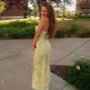 Vestido de Tirantes Floral Dulce sin Mangas Amarillo Claro Brillante con Cordones Volantes Largo Elegante Escote Bajo para Fiesta Vestidos Bodycon para Dama
