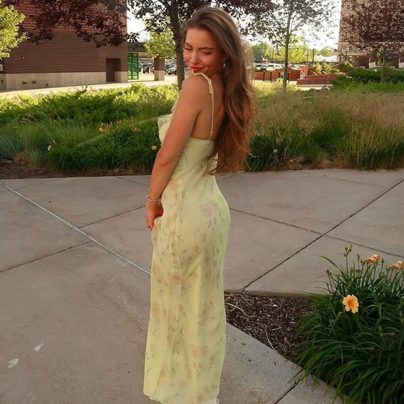 Vestido de Tirantes Floral Dulce sin Mangas Amarillo Claro Brillante con Cordones Volantes Largo Elegante Escote Bajo para Fiesta Vestidos Bodycon para Dama