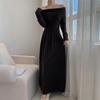 Koreanisches Strickkleid mit Carmen-Ausschnitt für Damen, Herbst, neu, Patchwork, langärmelig, Mode, einfarbig, Party-Langkleid, Winter