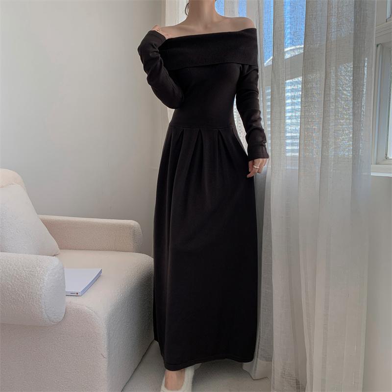 Koreanisches Strickkleid mit Carmen-Ausschnitt für Damen, Herbst, neu, Patchwork, langärmelig, Mode, einfarbig, Party-Langkleid, Winter