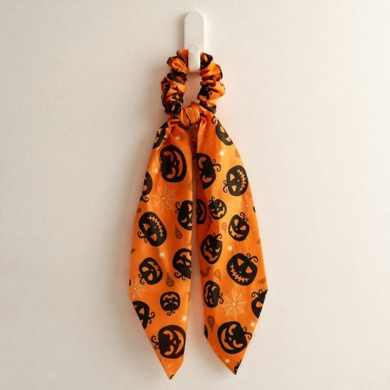 Halloween Ribbon Scrunchie Satin Scrunchies for Women, Funny Pumpkin Printed Elastic Hair Ties, Comfortable Band Soft Ponytail Holders, Decorative