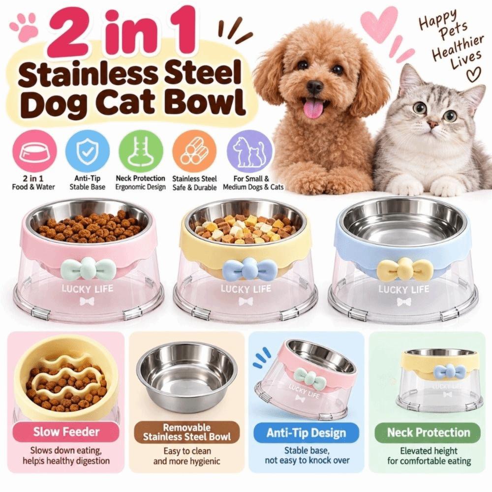 Stainless Steel Pet Slow Feeder Bowl 2 in 1 Dog Bowls Cat Food Bowl for Small Medium Dogs & Cats