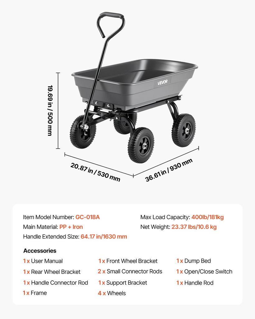 Carro de Volteo para Jardín, Carro de Volteo de Polietileno de 181 kg, Carros de Jardín Volquete con Mecanismo de Volteo Rápido de 90°, Ruedas Giratorias de 180°, Rodamientos Giratorios Flexibles de 270°,