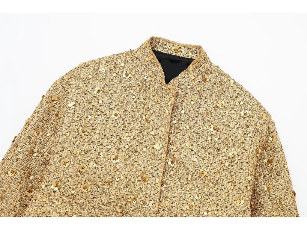 European & American Women's Sequin Stand-up Collar Jacket - Autumn/Winter 2025 Fashion, Solid Color, Short Casual Style
