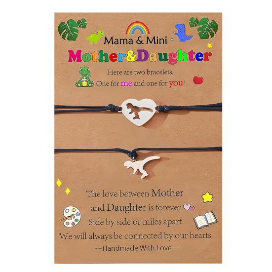 Mother Day Bracelet Dinosaur Element Handmade Heart Pendants Adjustable Size Women Wristband Meaningful