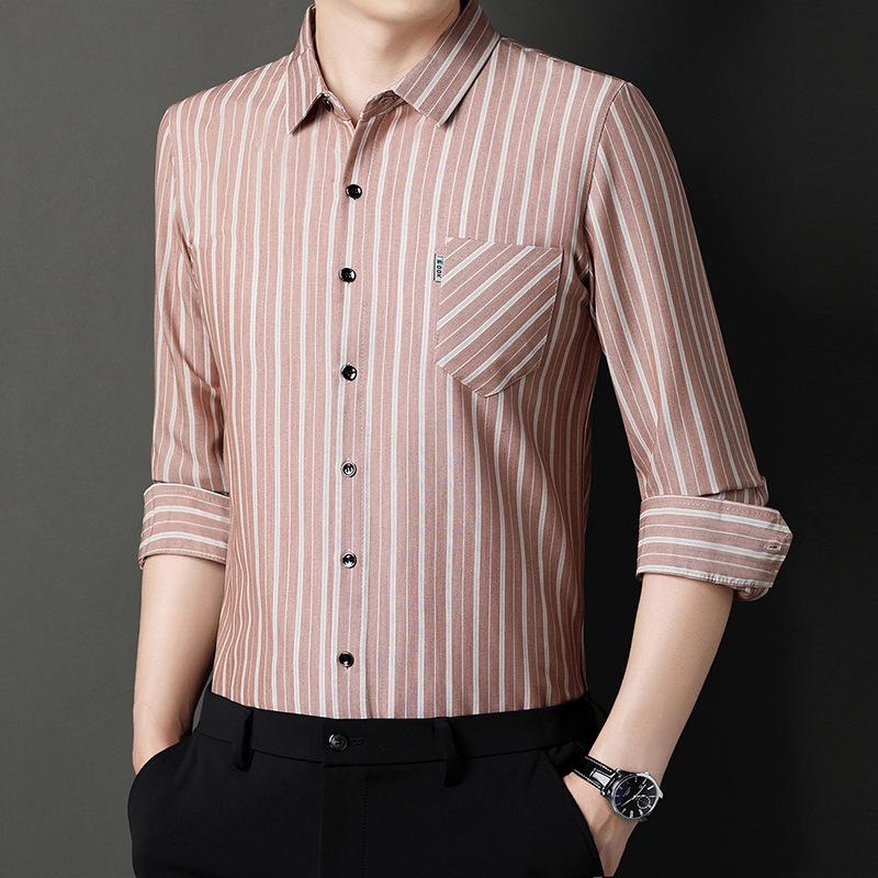 Spring and Autumn Men's Long-sleeved Cotton and Linen Shirts Middle-aged Striped Casual Men's Real Pocket Linen Shirts