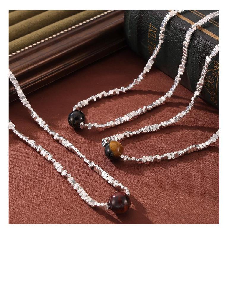 Minimalistyczny koreański naszyjnik z zawieszką z tygrysiego oka z łączonym srebrem próby 925 i designem ze stali tytanowej