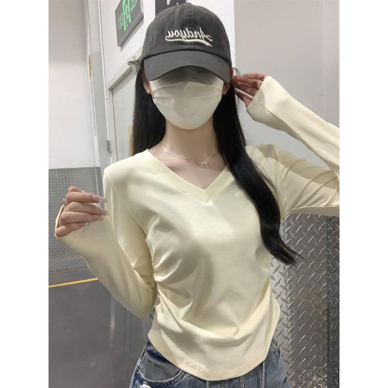 Simple Style Collar Pure White Shoulder Long-sleeved T-shirt Women's Autumn Pleated and Thin Spice Girl Inner Bottoming Shirt