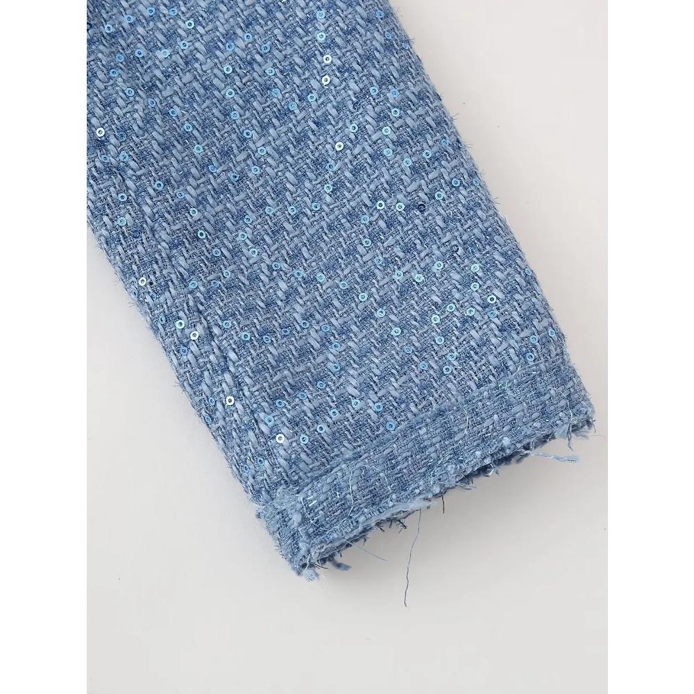 Women's Sequin Stand Collar Long Sleeves Pockets Short Jacket Coat Spring and Autumn New Female Chic Cardigan Jacket