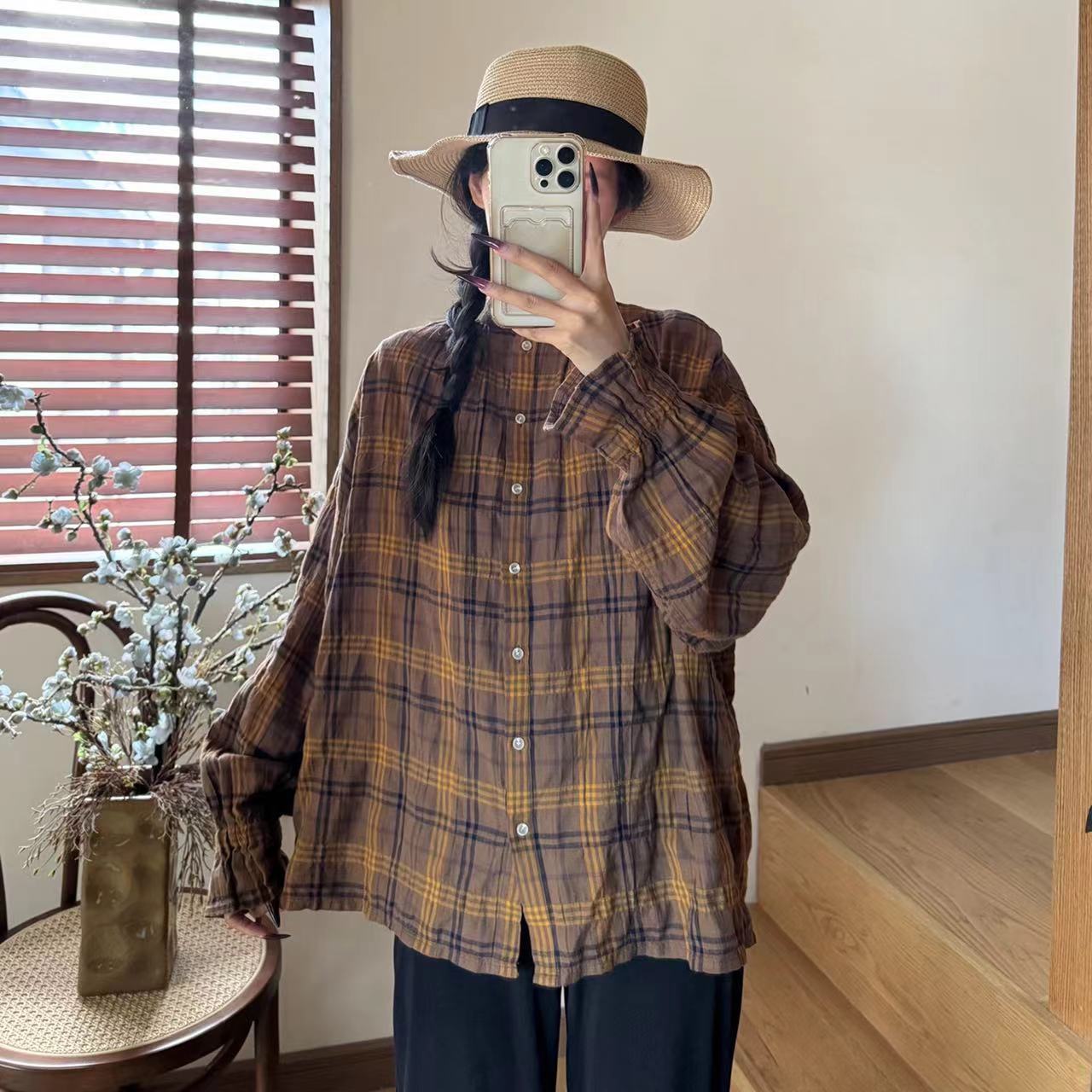 

Johnature Повседневная клетчатая рубашка весна-осень Повседневная мода Свободная блузка Топы One Size кофейный