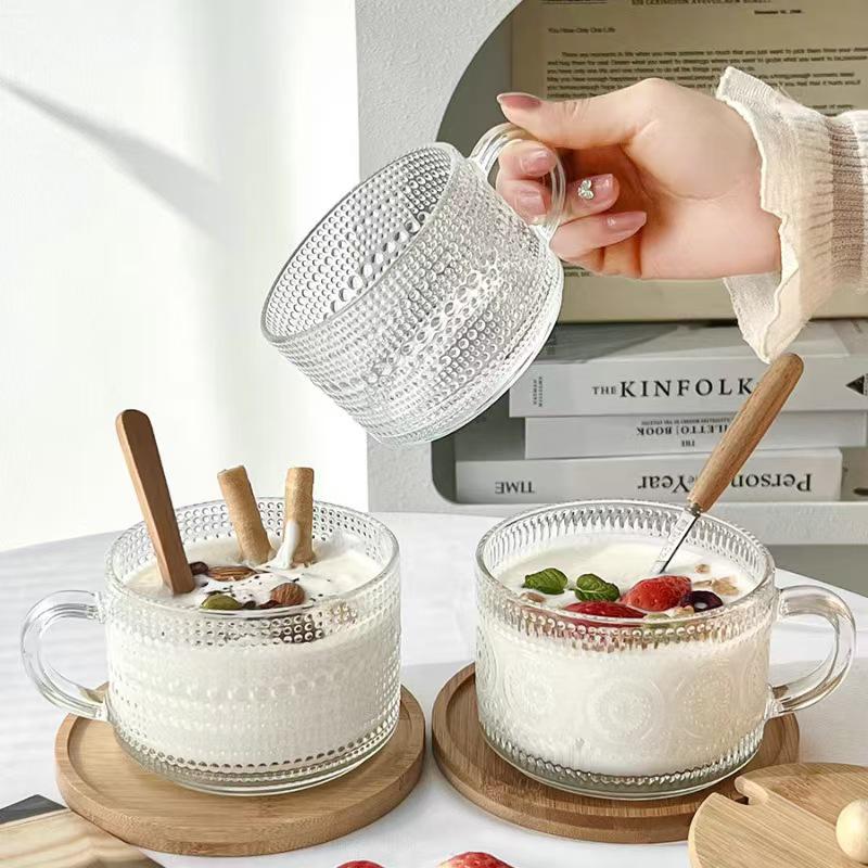 Sunflower Embossed Oatmeal Bowl with Handle & Spoon - Large Capacity Glass Milk & Cereal Bowl