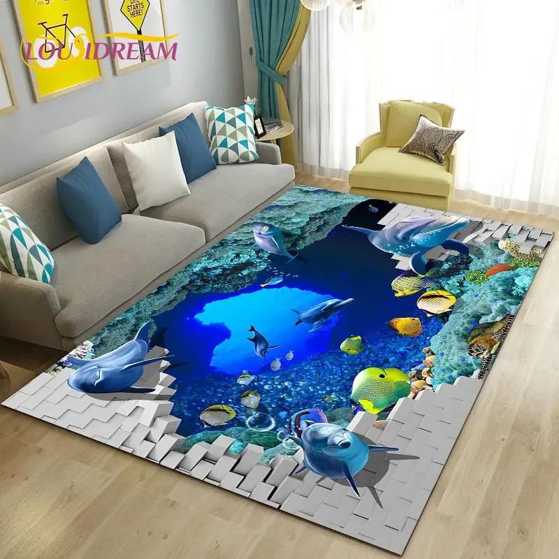 Seabed Illusion Underwater World  Dolphin Shark  Area Rug ,Carpet Rug for Living Room Bedroom Sofa Doormat Non-slip Floor Mat