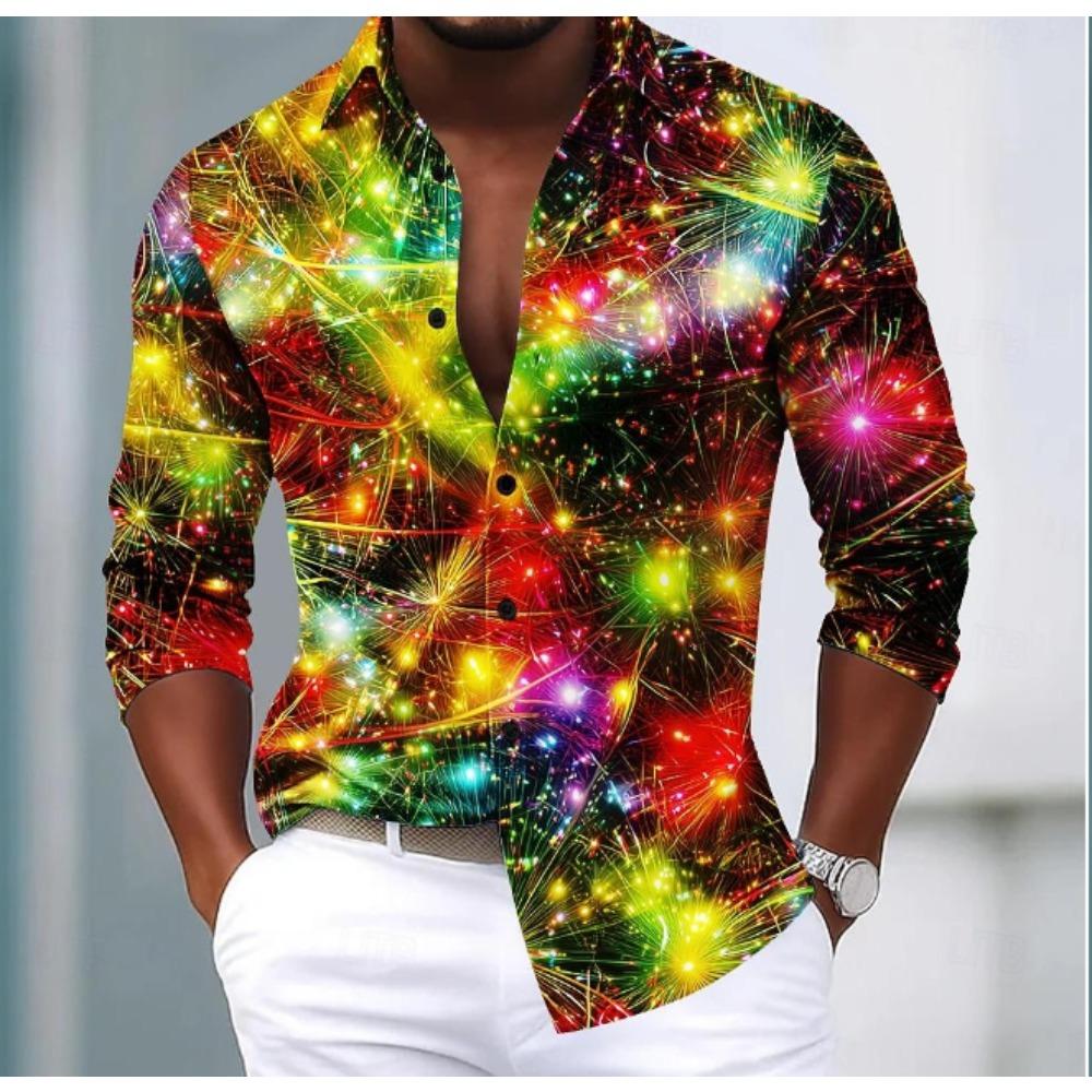 Men's Shining Pattern Printed Long Sleeve Shirts Casual Cardigan New Button Holiday Fashion Shirts