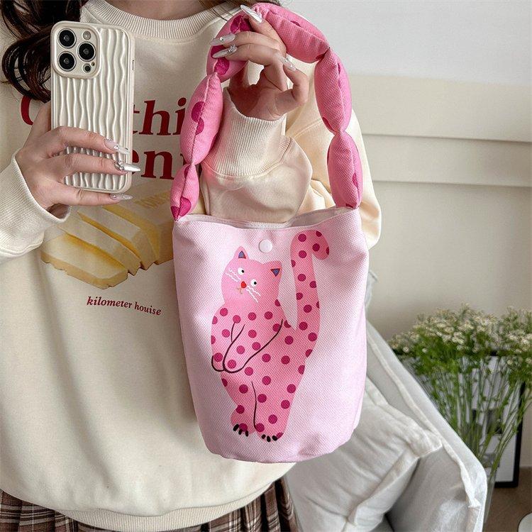 

Canvas bag cute cartoon cotton bag bucket canvas bag literary and color printing cotton bag can be small розовый
