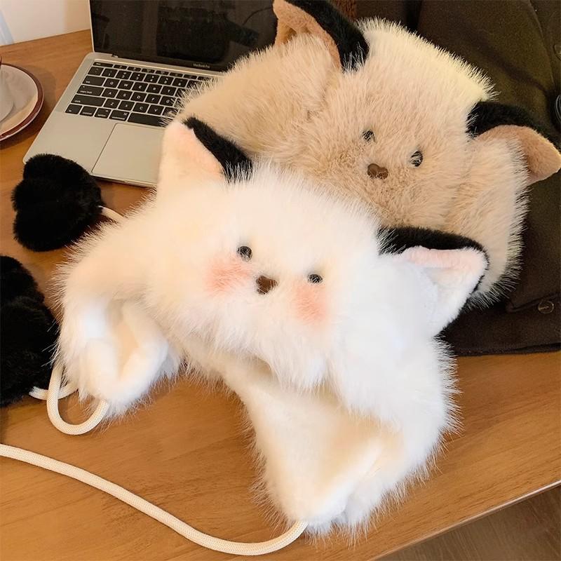 Niedliche Katzenohren Plüschmütze für Frauen im Herbst und Winter, die ihre Gesichter zeigen, kleine pelzige Ohrenschutzkappe, kalte und warme Lei Feng Mütze, trendy