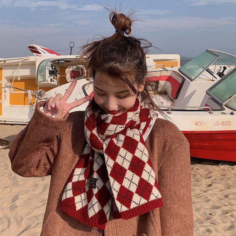 Japanese Rhombus Plaid Scarf for Women Winter Korean Version All Match Student Autumn and Winter Thickened Warm Wool Knitted Scarf for Men
