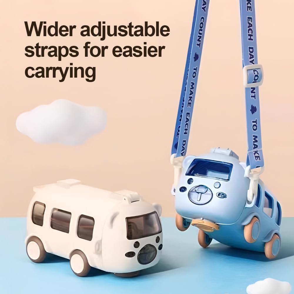Bus Straw Water Bottle With Strap,Portable Cute Bear Car Water Bottles with Movable Wheels, Leakproof Bear Drinking Jug
