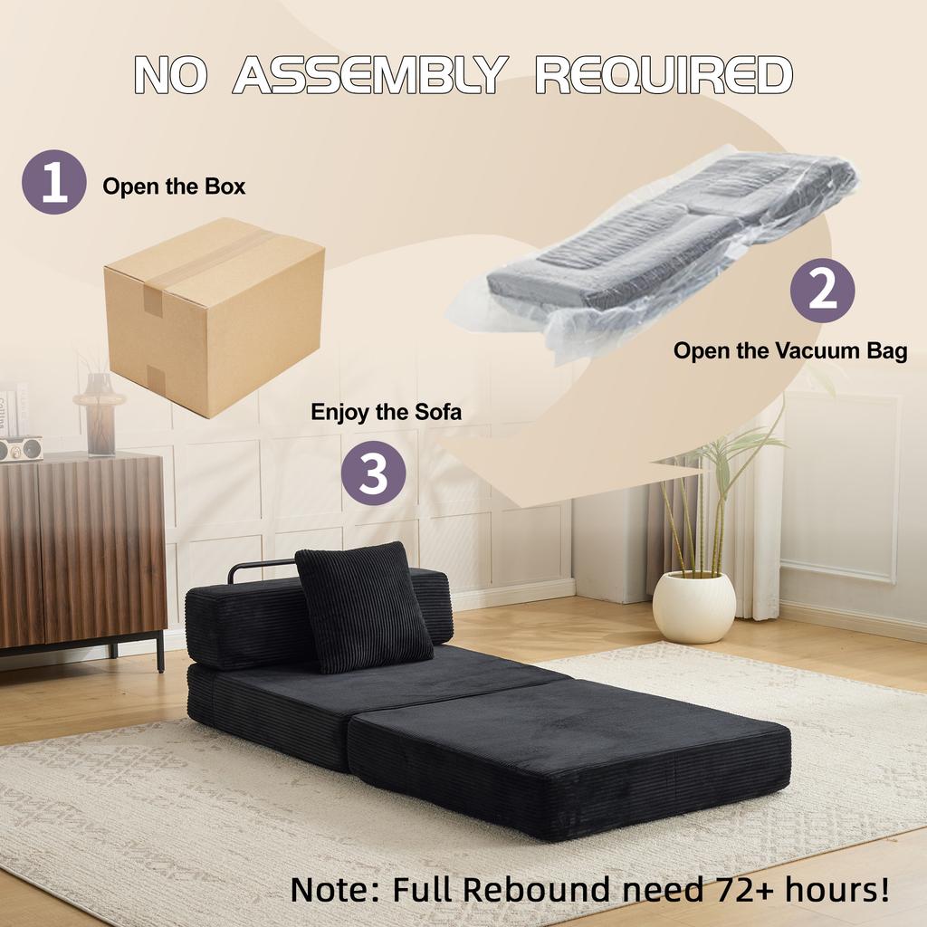 Floor Couch,Compression Sofa,Convertible Sofa Bed-with Pillow Back Support Armrest,Corduroy Fabric,for Living Room Bedroom,Black