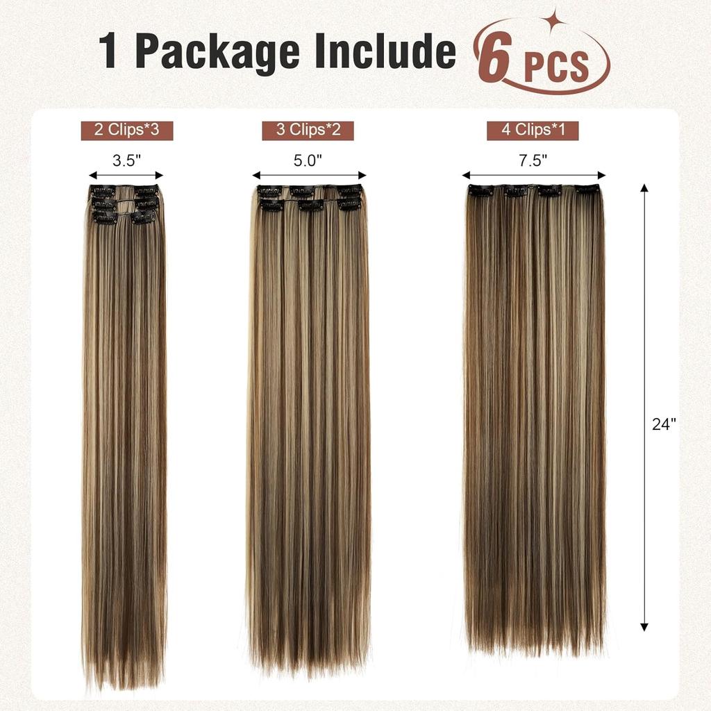 6PCS Clip in Hair Extensions 24" Straight Long Synthetic Hairpieces for Women Daily Party Halloween Black Brown