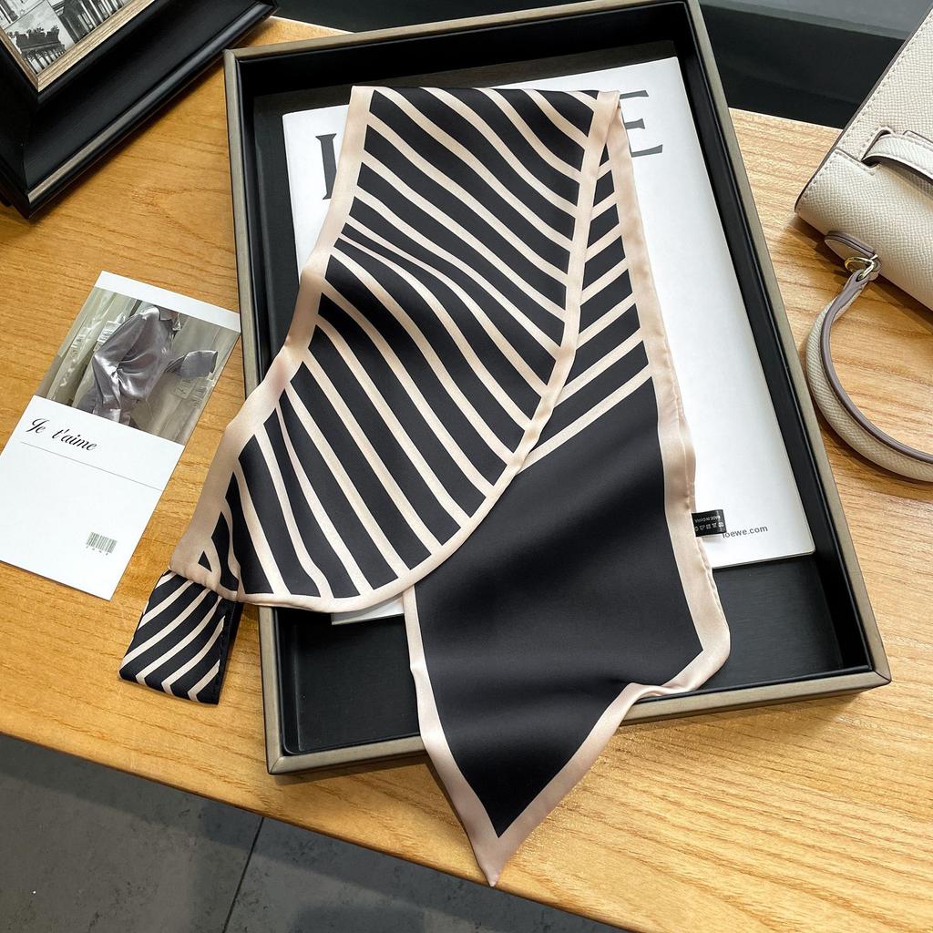 Decorative silk scarf, small long strip for women, long square scarf in spring and autumn, lazy buckle, striped scarf, thin ribbon, headband, neck