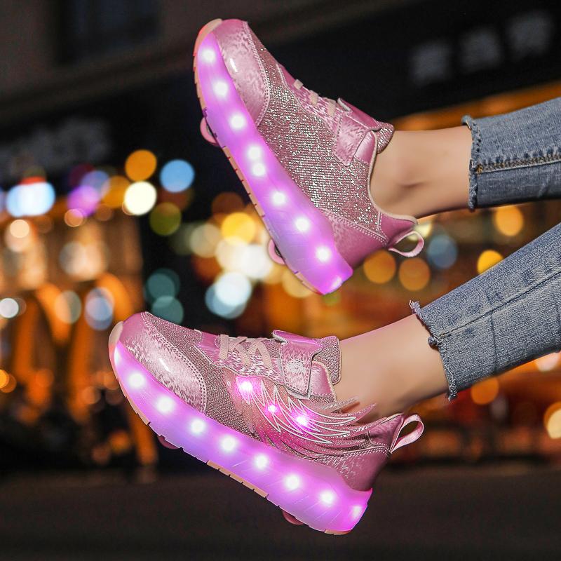 Girs LED Luminous Runaway Shoes Four-wheel Skates Men's and Children's Pulley Shoes LED Light Shoes